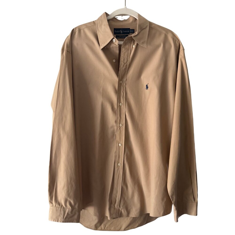 Ralph Lauren Men's Long Sleeve Dress Shirt in Tan with Navy Pony